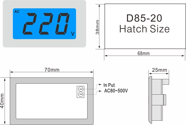 D85-20 AC Digital Voltmeter Panel Meter Overall dimensions